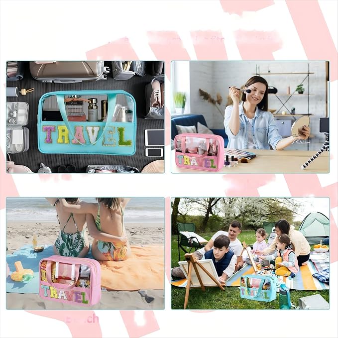 BuyCard Chenille Letter Patch Clear Travel Bags, Preppy PVC&Nylon Makeup Bag with Handle and Zipper, Waterproof Large Clear Travel Toiletry Bag Storage Bag for Women Girls