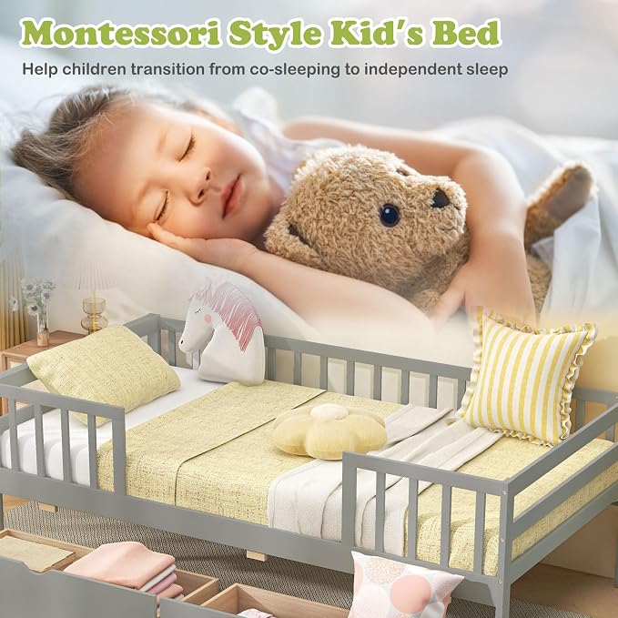 Giantex Twin Kids Bed with Storage Drawers, Wood Montessori Bed with Rails & Side Shelf, Low Daybed for Boys, Girls, No Box Spring Needed (Grey)