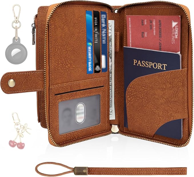RFID Blocking Passport Wallet, Anti Theft PU Texture Passport Pouch with Tracker Case, Travel Document Organizer Zipper Wallet with Wrist Strap & Keychain, Gifts for Women and Men (Brown)