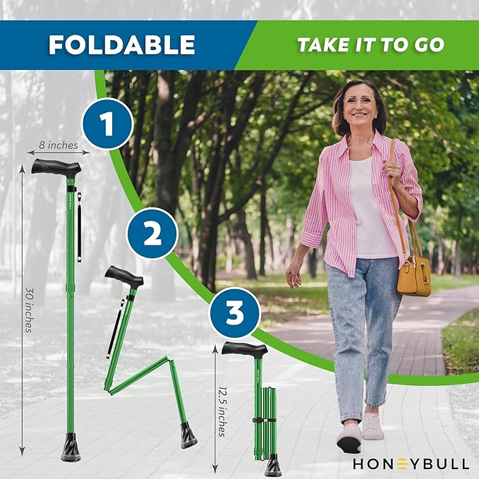 HONEYBULL Walking Cane for Men & Women – Foldable, Adjustable, Lightweight Cane with Air Cushion Tip for Stability & Ergonomic Grip, Heavy Duty Walking Sticks for Seniors