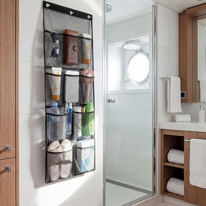 Hushee Magnetic Cruise Shower Organizer over The Door Organizer for Cruise Ships Essentials 2026 Magnetic Door Mesh Hanging with 10 Pocket 4 Large Shoe Rack Storage for Bathroom Cabin Closets(Black)