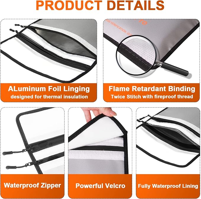 4200℉ Fireproof Document Bag, Important Waterproof Document Holder with Thermal Insulation Layer, Legal Size Fireproof Envelope with Zipper/Reflective Strip