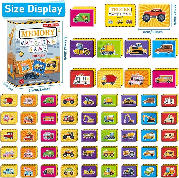 gisgfim 100 PCS Memory Matching Game Trucks Concentration Memory Card Games for Kids Preschool Educational Ages 3-8 A Fun & Fast Vehicle Theme Matching Games