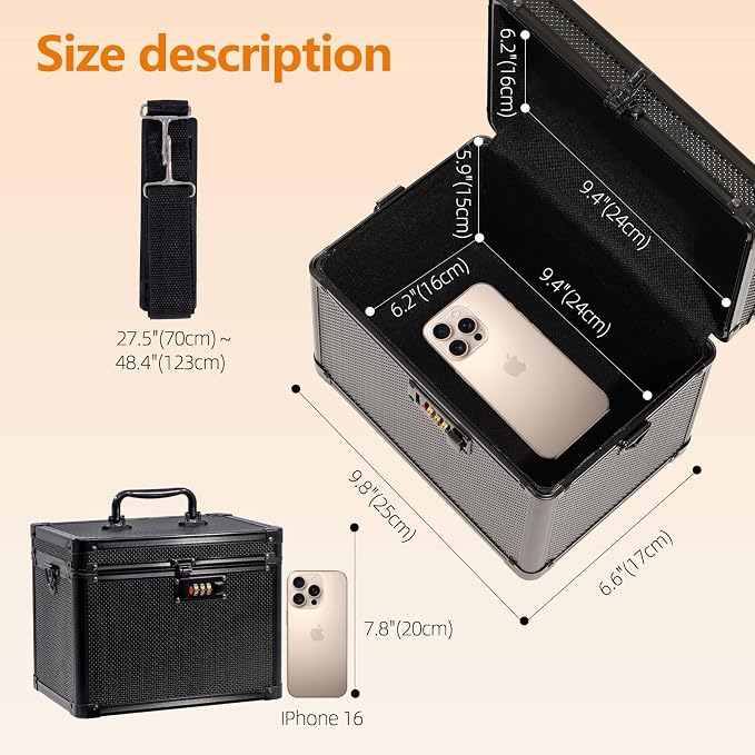 Medication Combination Lock Boxes with Code for Personal Items, Medicine Lockbox for Documents 10 x 7.25 x 7.75 Inches Shoulder with Belt Pure Black