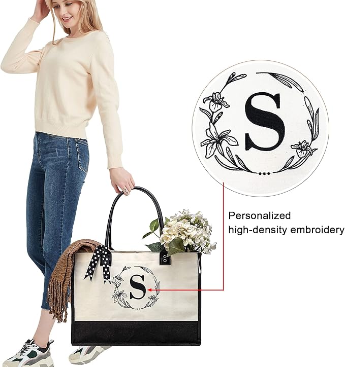 BeeGreen Personalized-Christmas-Gifts-Tote-Bag -Large Canvas Tote Bag for Women Friend Mother, Birthday Gifts with Embroidery Initial Monogram Letter C