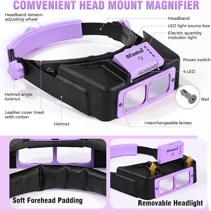 Dilzekui Rechargeable Magnifying Glasses for Close Work 1.5X to 3.5X Lenses | with Adjustable Light,Opitcal Acrylic Lens, Lightweight Magnify Headset, Handsfree Head Magnifier for Jewelers Hobbies Crafts