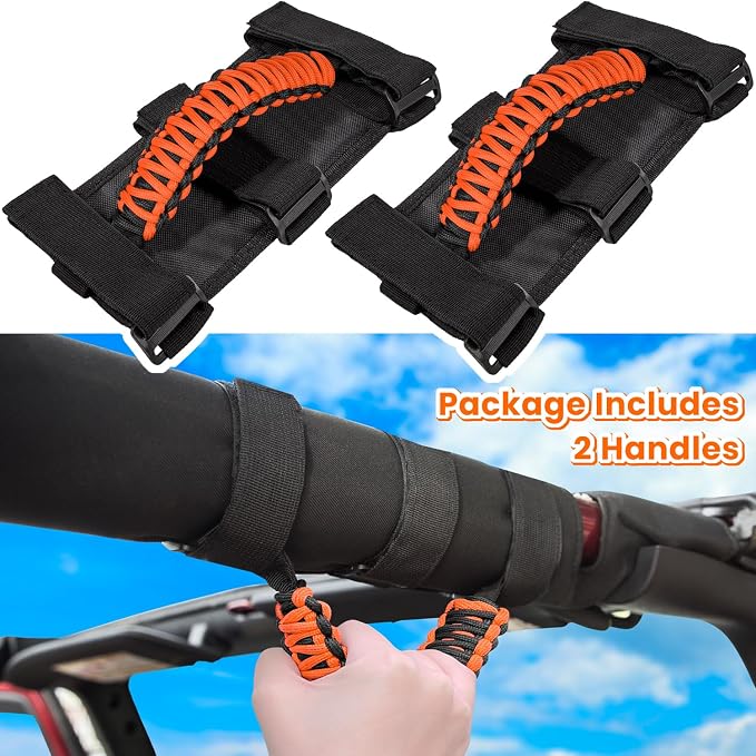 Roll Bar Grab Handles Grip Handle for Jeep Wrangler JK JKU JL JLU TJ YJ Sports Sahara Freedom Rubicon Unlimited Gladiator JT 1955-2023 UTV ATV Accessories Premium 550 Paracord (Orange 2 Pack)