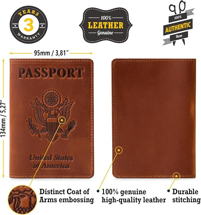 US Leather Passport Book Cover - Thin American Travel Passport Holder - Premium International USA Passport Protector Case for Women Men (Light Brown Vintage)