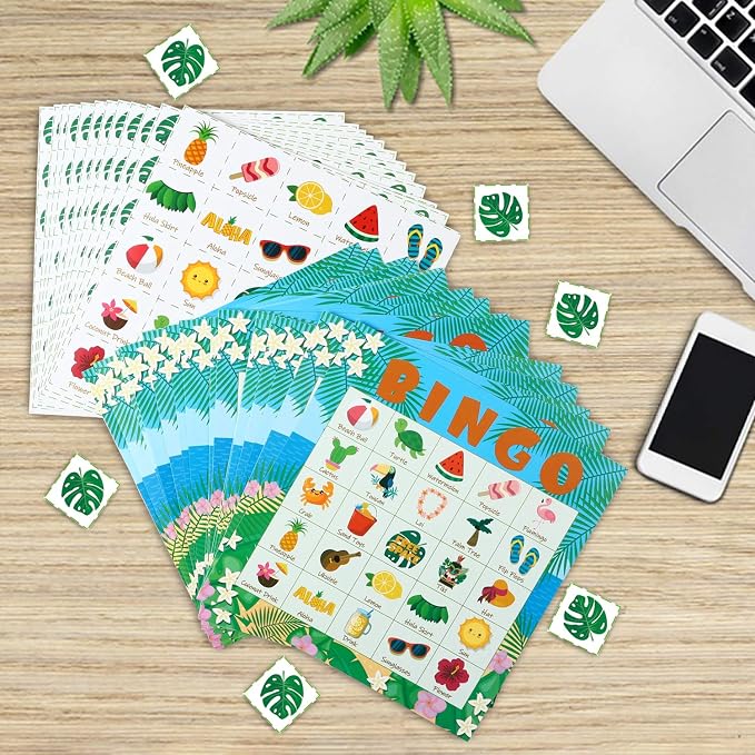 WATINC 41pcs Hawaiian Bingo Game, Tropical Summer Party Games with 24 Players, Hawaiian Bingo Cards for Kids School Classroom Party Supplies Activity, Luau Party Favors Gifts for Kids Toddlers