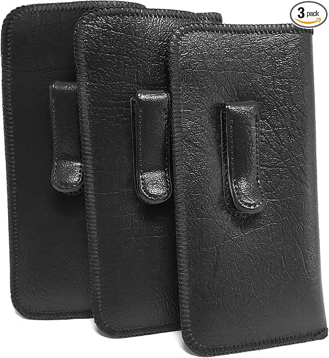 Calabria Soft Slip-In Glasses Case Pocket Metal Clip Black (3 Pack) for Men/Women Synthetic Leather Felt Lining 6.5"x3"