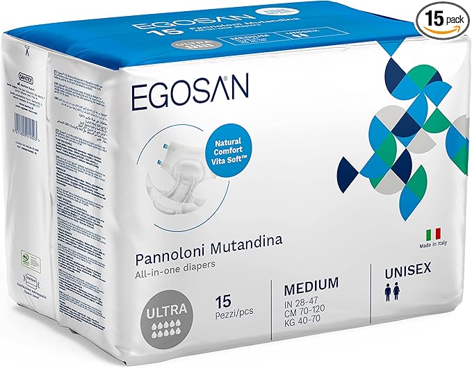 Egosan Ultra Incontinence Disposable Adult Diaper Brief Maximum Absorbency and Adjustable Tabs for Men and Women (Medium, 15-Count)