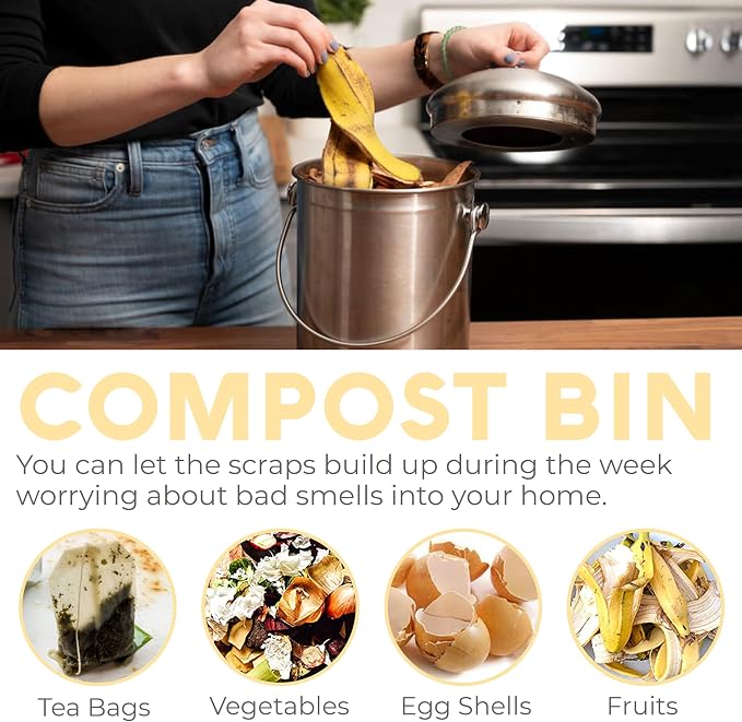 Epica Kitchen Compost Bin for Kicthen Countertops, 1.3 Galllon - Silver | Stainless Steel, Rust- Resistant, Resistant to Leaks, Replaceable Charcoal Filter for Odorless Composting