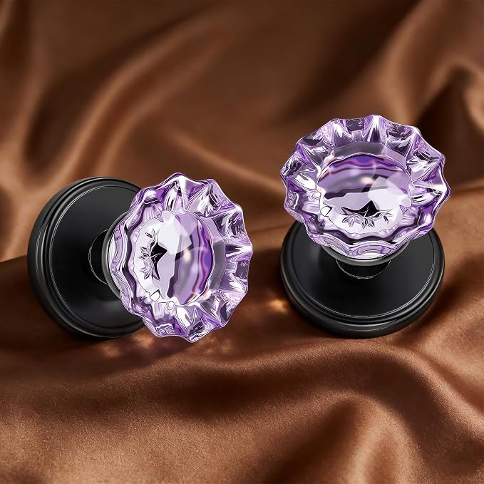 Purple Glass Dummy Door Knobs, Crystal Door Knob Single Side | Non-Turning Matte Black Interior Door Knobs for Hall, Closet, Pantry-2 Pack