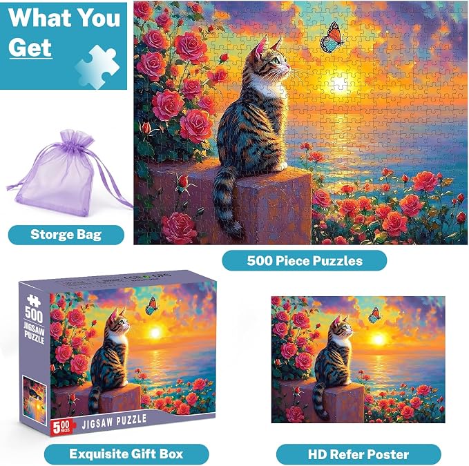 500 Piece Puzzle for Adults – Cat Sunset Jigsaw Puzzles 500 Pieces with Flowers & Butterfly, Colorful Art Puzzle for Adults & Seniors, Relaxing Adult Puzzles, 20.5 x 15 in