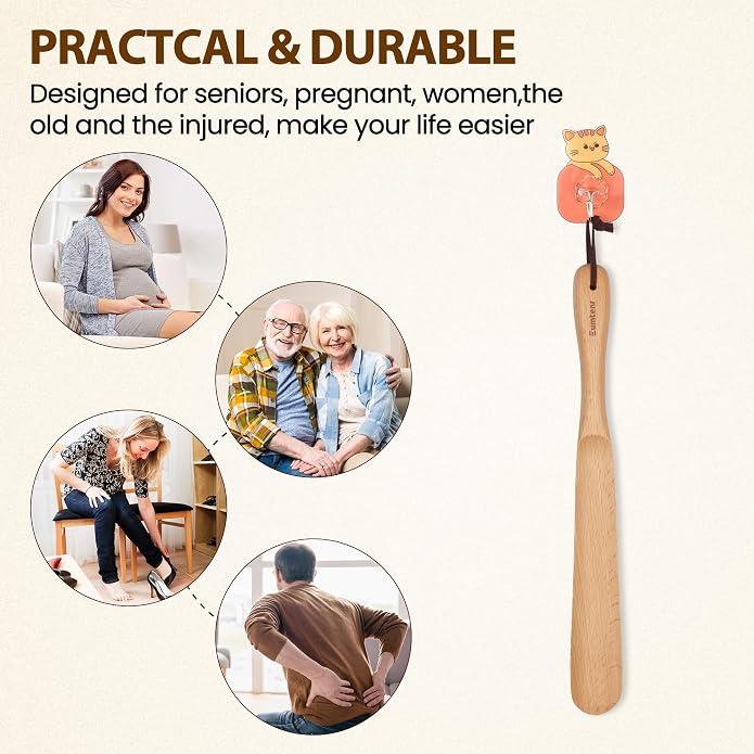Shoe Horn for Seniors,15" Wooden Shoehorn for Men, Women, Kids, Pregnancy, with Wall Hooks - Beech Wood