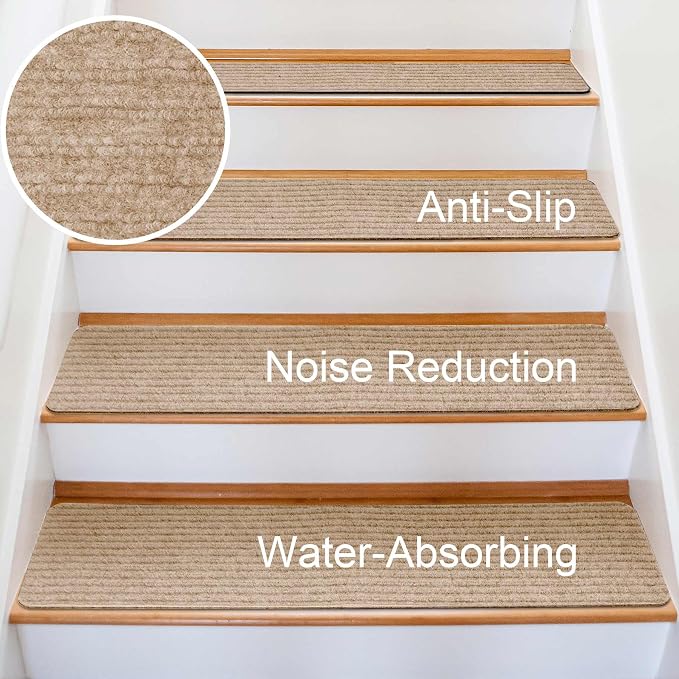 15 PCS Non Slip Stair Treads for Wooden Steps – 8"x30" Indoor Non Slip Stair Treads, Carpet Stair Mats with Self-Adhesive Backing, Removable & Machine Washable – Beige