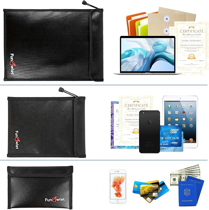 Fireproof Waterproof Money Document Bag, 3Pack Safe Pouch | Fire and Water Resistant ,Zipper Storage Organizer, for Important Papers, Cash, Passports, Jewelry & Electronics, Black
