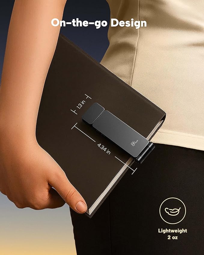 86lux Book Light, Rechargeable Clip-On LED Reading Light for Bed & Night Use - 3 Color Temperatures with Stepless Dimming, Ultralight Bookmark Design for Kids, Book Lovers, Grey