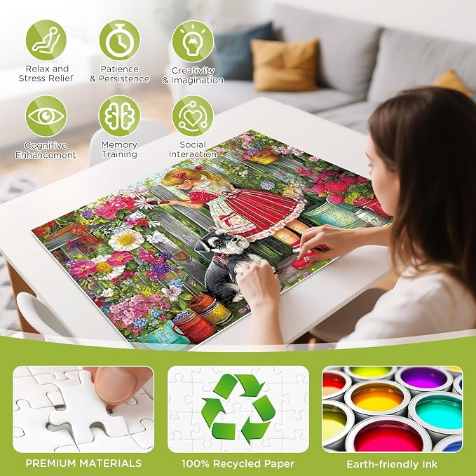 500 Pieces Puzzle for Adults, Beautiful Girl Jigsaw Puzzle, Cute Dog Garden Flowers Puzzle for Kids Adults Seniors, Recycled Cardboard Puzzle with Letters on Back, Fun Family Game Birthday Party Gift