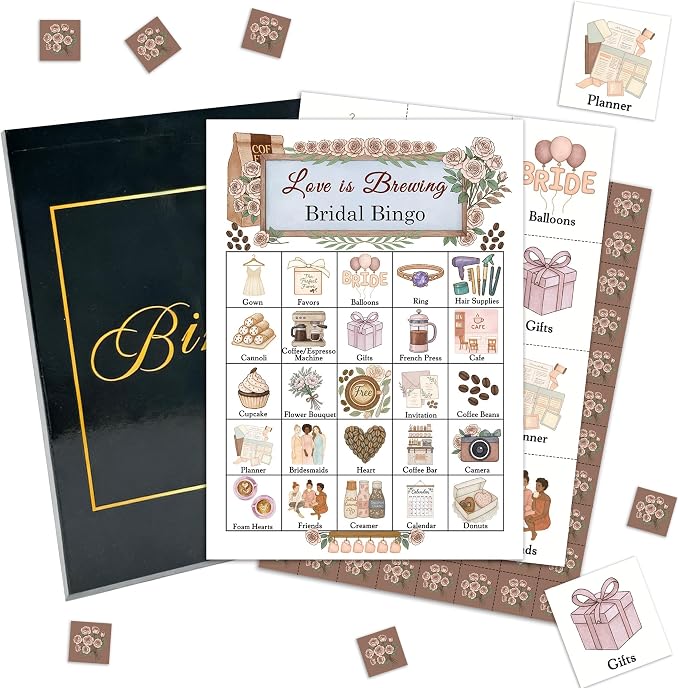 Bridal Shower Bingo Game Cards, Love in Brewing Bingo Set for Adults Large Group, Wedding Shower Bachelorette Party Decor, Coffee Floral Game Cards for Family Friends, 13