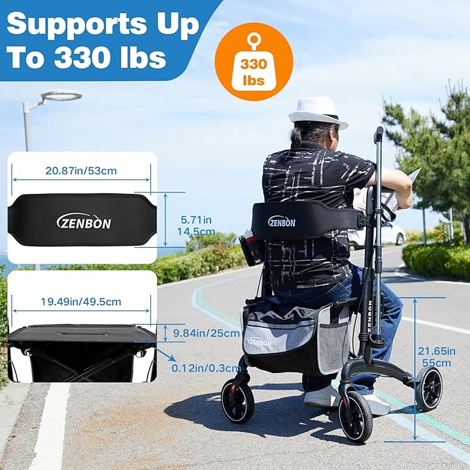 Rollator Walker for Seniors/Adults Foldable Rolling Walker with Seat 330 lbs Capacity 4 Big 8 inch Wheels Hand Grips Adjustable Height Lightweight Carbon Fiber Walker 7206(Black)