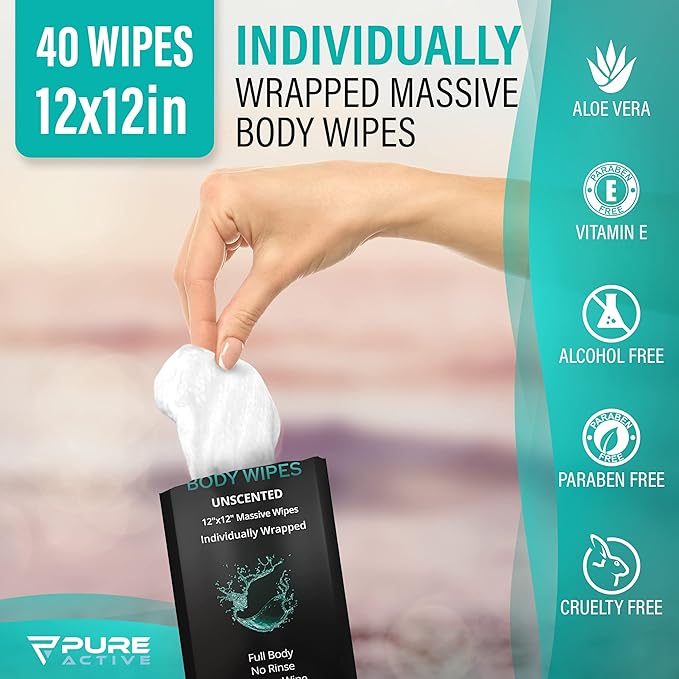 Shower Body Wipes 12"x12", 40 Individually Wrapped Personal Hygiene Body Wipes for Women and Men, Keep Clean After Gym Travel Camping Outdoors Sports, Unscented