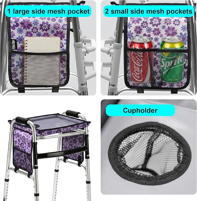 Walker Tray for Folding Walker with Cup Holder, Detachable Tray for Walker, Walker Accessories for Senior with Non-Slip Mat, Universal Fit for Meals, Drinks, Reading,Laptop (Purple with Side Pockets)