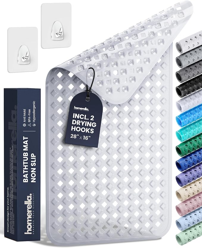 Bathtub Mat Non Slip 28x16 - homerella® Bath Mat Incl. Hooks for Drying, 100% BPA Free, Shower Mat Non Slip Anti Mold, Machine Washable, Shower Mats for Inside Shower Mildew Resistant (Clear)