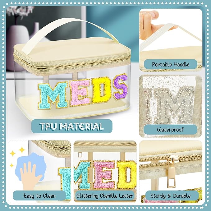Geetery Chenille Letter Bag, Meds Cheer Travel Cases Cheerleader Gifts Cosmetic Bag Nylon Makeup Portable Preppy Patch with Zipper Toiletry Storage Case for Women(Beige,Stylish Meds)