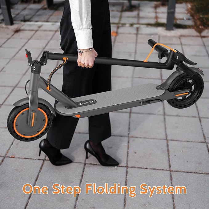 Maxshot Electric Scooter, 8.5" /10" /14" Tire, 16/19/22 Mph Top Speed, 12/16/21/27/28/49/50 Miles Long Range, Folding Escooter for Adults and Kids with Seat Bag, Dual Braking, Dual Suspension, App