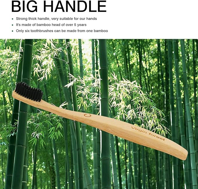 Virgin Forest Bamboo Toothbrush, Natural Eco Friendly Biodegradable Charcoal Tooth Brushes, Pack of 6