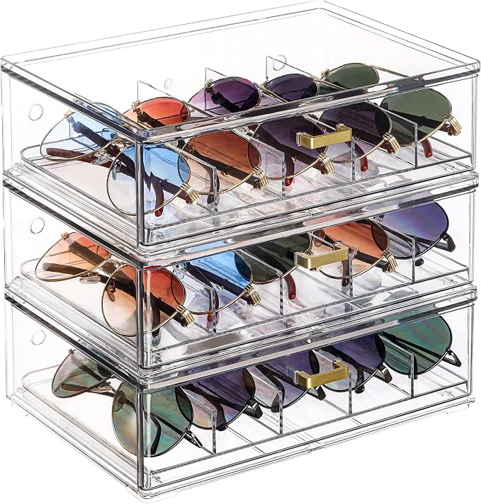 LALOBLUE Clear Acrylic Sunglasses Organizer, Stackable Eyeglass Storage Case with Gold Handles, Glasses Display Holder