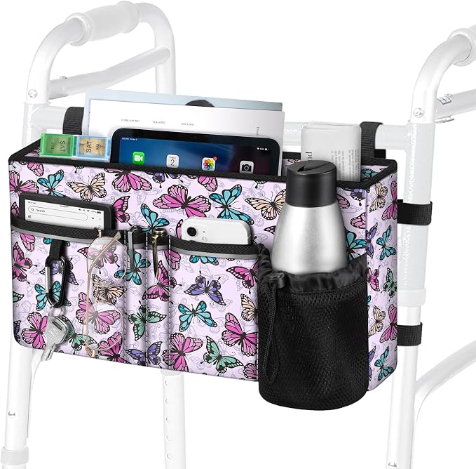 FINPAC Large Walker Tote Bag w/Cup Holder, Folding Walker Attachment Pouch | Water-resistant Polyester, Organized Pockets, Reflective Strip, Mobility Aid Storage Basket for Seniors, Butterfly