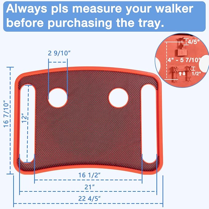 Walker Tray for Seniors with Dual Cup Holders & Side Pouch (Red) | Durable Food & Drink Table, Lightweight with Non-Slip Pad, Compatible with Walker of 10210-1 Model