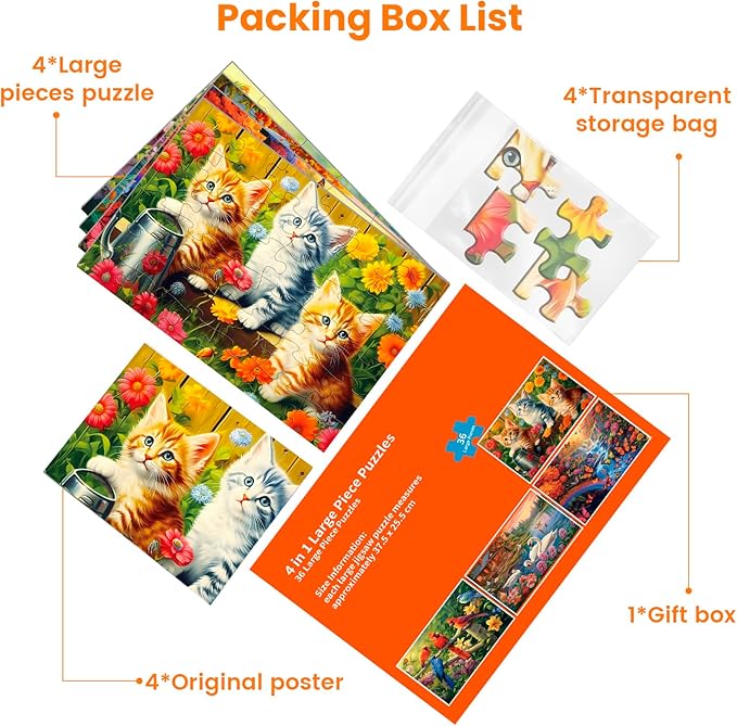 4 Packs 36 Large Piece Puzzle for Seniors - Dementia Puzzles for Elderly Adults,Alzheimer’s Puzzles Memory Cognitive Games for Elderly Seniors with 4 Storage Bags