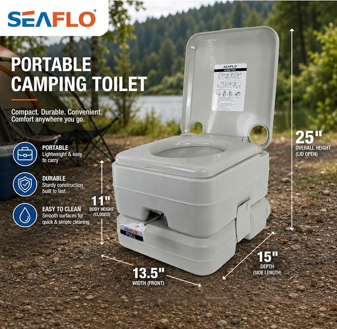 SEAFLO Premium Camping Portable Toilet - 5.8 Gallon Waste 3.43 Gall Fresh Tank (100 Flushes), 440 lbs Max Weight, Level Indicator, Sealed Waste Tank for RV, Boat, Elderly, Off-Grid, 4-Year Warranty