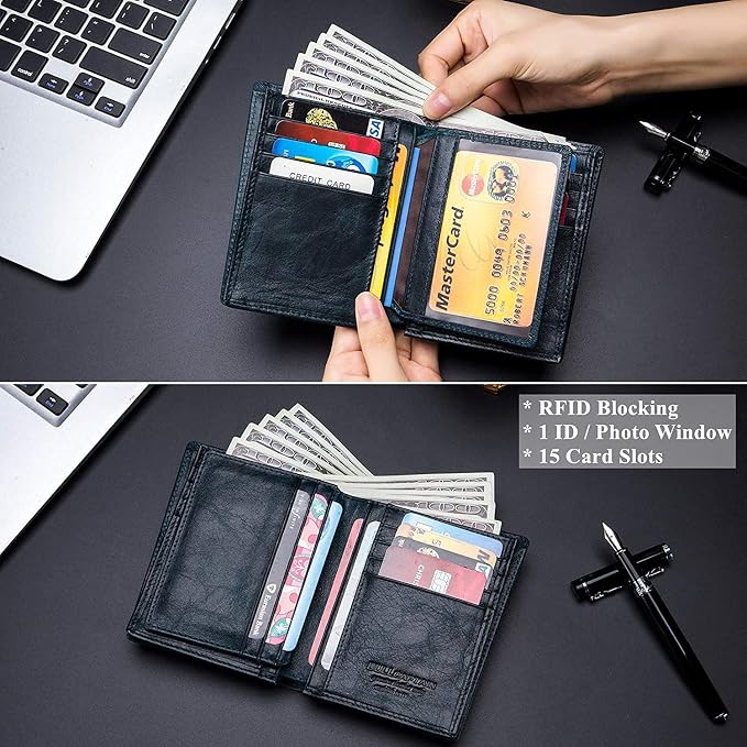 BULLCAPTAIN Large Capacity Genuine Leather Wallet for Men QB-027 | Bifold Wallet,RFID Blocking,Credit Card Holder,15 Card Slots,Special Expandable Design,gift choice