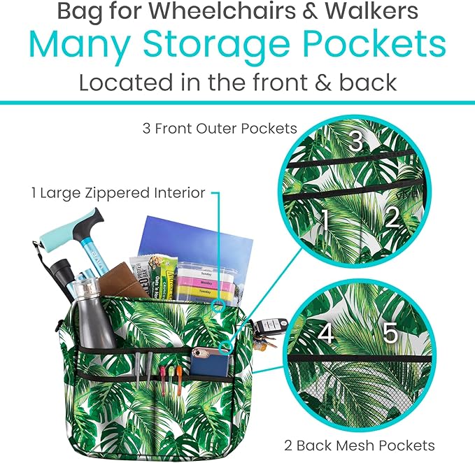Vive Wheelchair Bag - Machine Washable, Double-Stitched, Water-Resistant Accessory Backpack for Rollators, Wheel Chairs, Walkers - Pouch with XL Pockets & Straps for Quick Installation