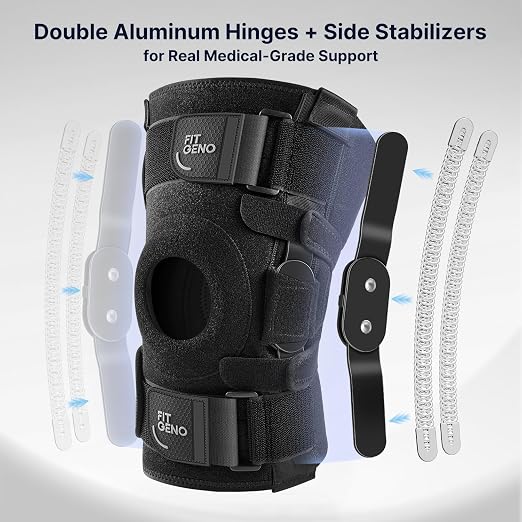 Fit Geno Hinged Knee Brace for Meniscus Tear: Adjustable Support for Knee Pain w/Built-in Side Stabilizers & Removable Metal Hinges for ACL MCL Injury or Surgery Recovery - Men and Women