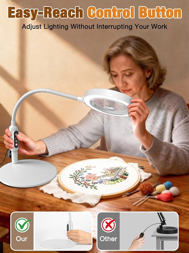 30X 10X Magnifying Glass with Light and Stand, 5 Color Modes Stepless Dimmable, Optical Grade HD Lens, LED Lighted Magnifier Hands Free with 16in Flexible Gooseneck for Close Work - White