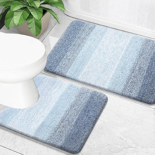 OLANLY Bathroom Rug Set 2 Piece, Soft Absorbent Microfiber Bath Mats and U-Shaped Contour Toilet Rug, Non-Slip, Machine Wash Dry, Plush Shaggy Bath Mats for Bathroom (30"x20"+U24 x20, Blue)