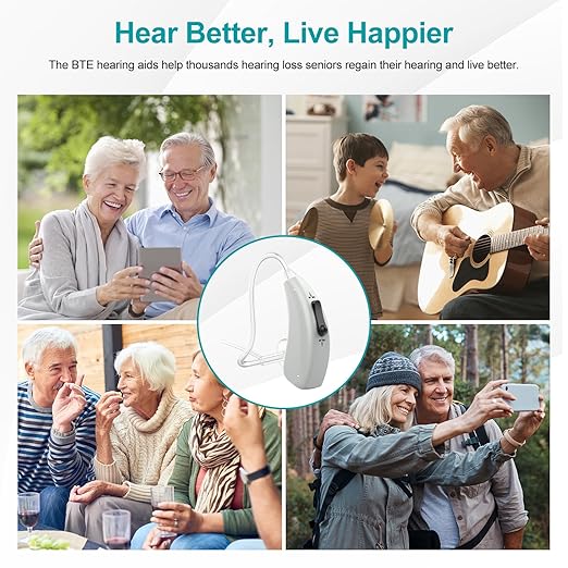 Rechargeable Hearing Aids for Seniors with Noise Reduction, BTE Hearing Aids for People with Mild Moderate Severe Hearing Loss, Dual Microphones, Comfortable Fit - Gray