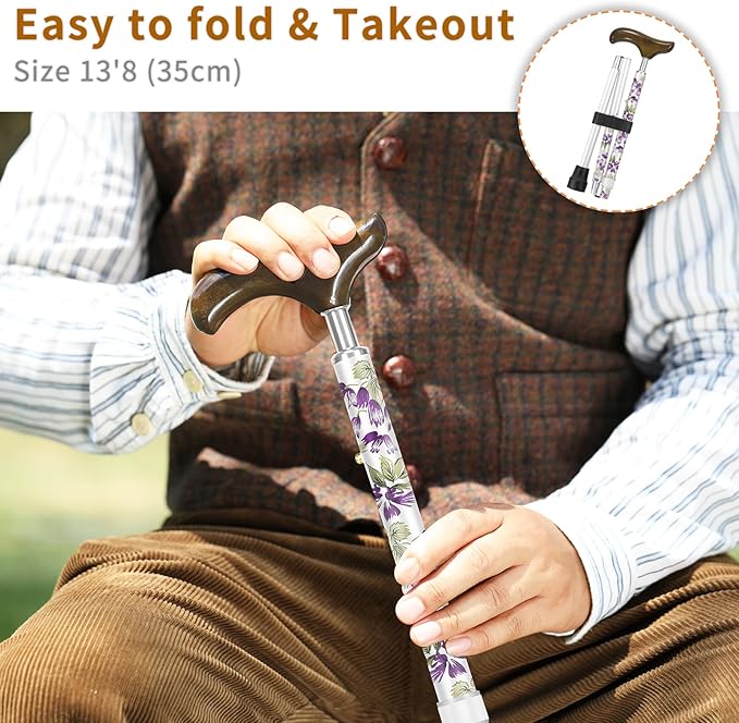 Stylish Foldable Walking Cane - Pattern Printed, Adjustable, for Men and Women Stability and Balance, Light Weight, for 5'~6' Height