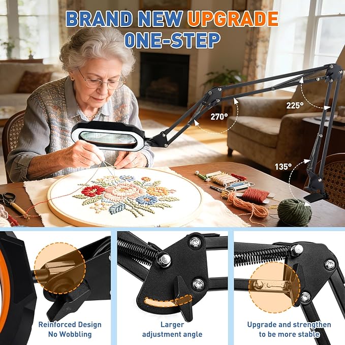 HITTI 30X & 12X Square Magnifying Glass with Light and Clamp, Hands Free | 3-Section Arm, 5 Color Modes, Stepless Dimming, LED Desk Lamp for Soldering, Jewelry Making, Crafting, Fly Tying-Yellow