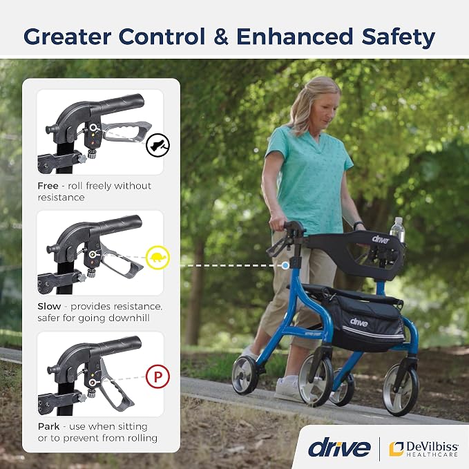 Drive Medical Nitro Sprint Rollator Walker with Seat, Standard, Blue | Lightweight Rollator with Large Wheels Offers Compact Folding Design for Standard Size Everyday Comfort