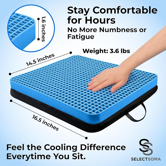 SelectSoma Gel Seat Cushion for Long Sitting, Pressure Relief for Sciatica, Tailbone, Coccyx & Back Pain, Office Chair, Wheelchair, Car & Truck – Travel with Handles Blue Gel