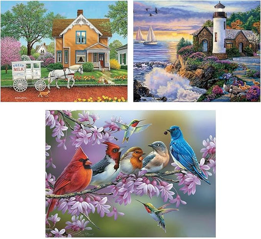 Bits and Pieces Value Set of 3 Large Piece Puzzles for Seniors, 10 in. x 13 in. Lighthouse, Birds, Milk Cart - 16 pc Extra Large Pieces Puzzles for Dementia Seniors, Alzheimer Puzzle Memory Aids