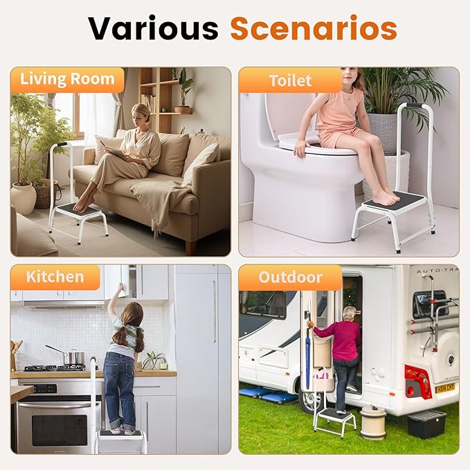 Step Stool with Handle for Ederly, Sturdy and Lightweight Stool,Easy Assmbly,Safely Supports up to 350 Pounds