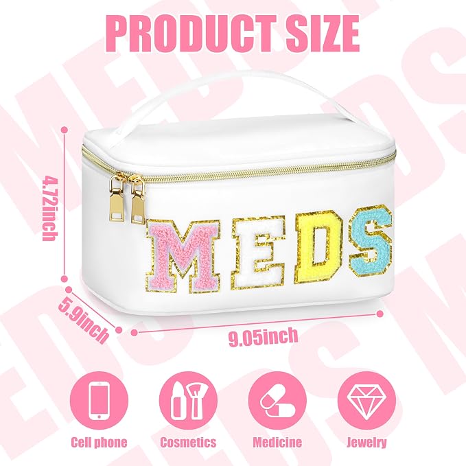 BuyCard Medicines Chenille Letter Bag Nylon Meds Makeup Pouch Preppy Path with Zipper and Handle Cosmetic Toiletry Storage Purse for Women White