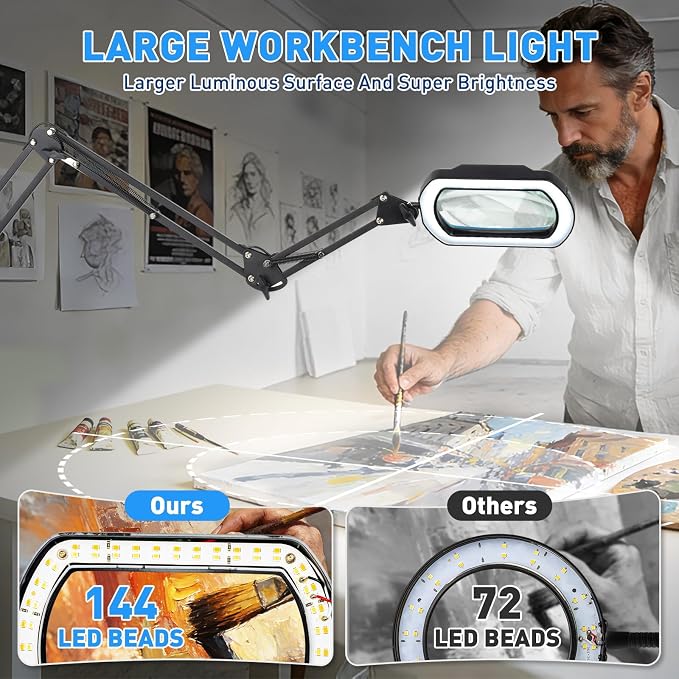 HITTI 12X Square Ultra Long Magnifying Glass with Light and Clamp | 3-Section Arm Hands-Free Lighted Stand, 5 Color Modes & Stepless Dimming LED Desk Lamp for Workbench, Modelling, Puzzle-Blue